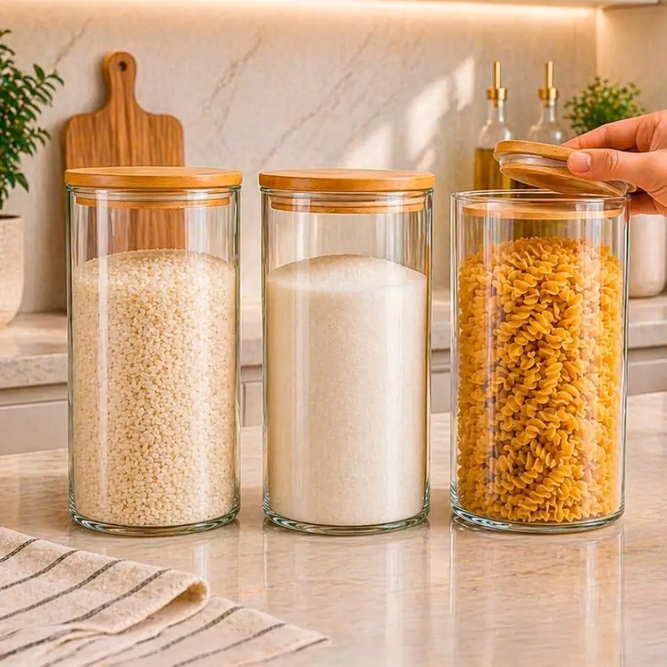 Kit 3 Potes Herméticos de Vidro com Tampa de Bambu, 1100ml Cada,Borossilicato Redondo, Transparente, para Mantimentos Temperos, Grãos, Café e Organização de Cozinha - Porta Temperos Moderno