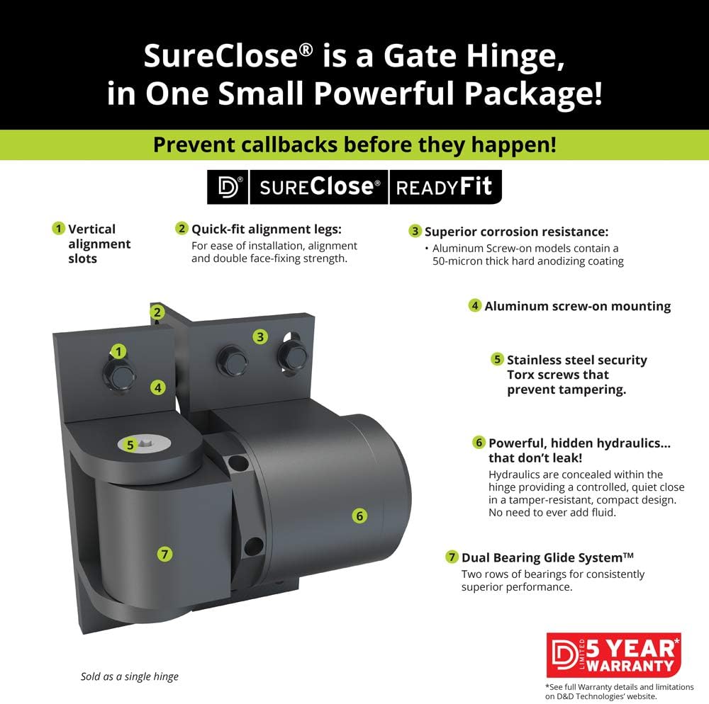 D&D Technologies 74001313T SureClose ReadyFit Heavy Duty Gate Hinge: Screw onto The Gate (Sold as a Single Hinge) Non Self-Closing