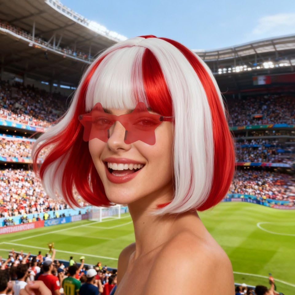 Image of ANOGOL Hair Cap + (Sunglasses) Red White Bob Wig with Bangs Womens Red White Party Wigs with Sunglasses Short Neon Wig Fun Wigs Halloween Costume Bachelorette Hair Sports Event Christmas