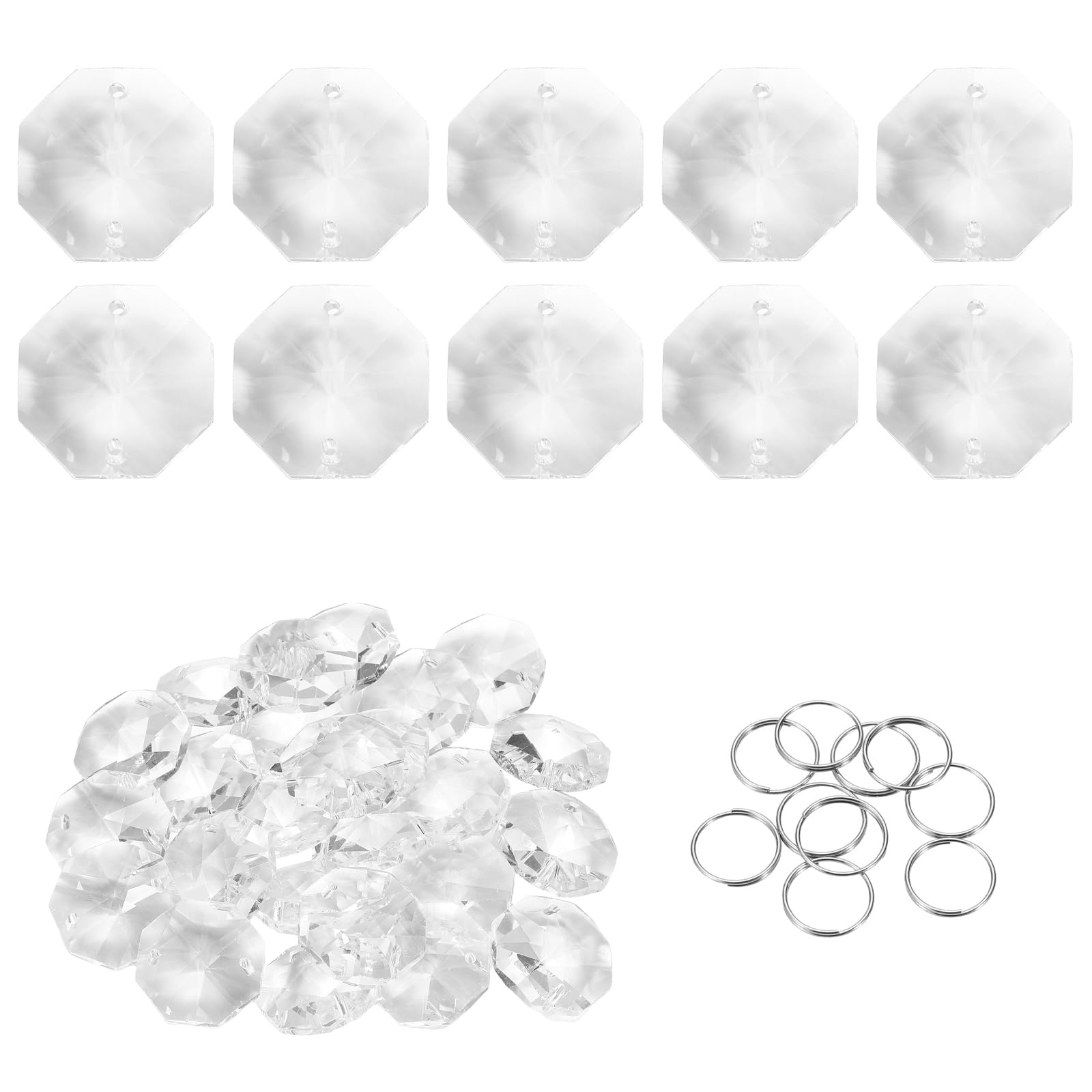 sourcing map 25Pcs 2 Hole Crystal Octagon Beads, 24mm K9 Glass Hanging Chandelier Bead Prisms Part with Stainless Steel Ring for Crystal Chandelier Lamp Pendant Jewelry, Clear