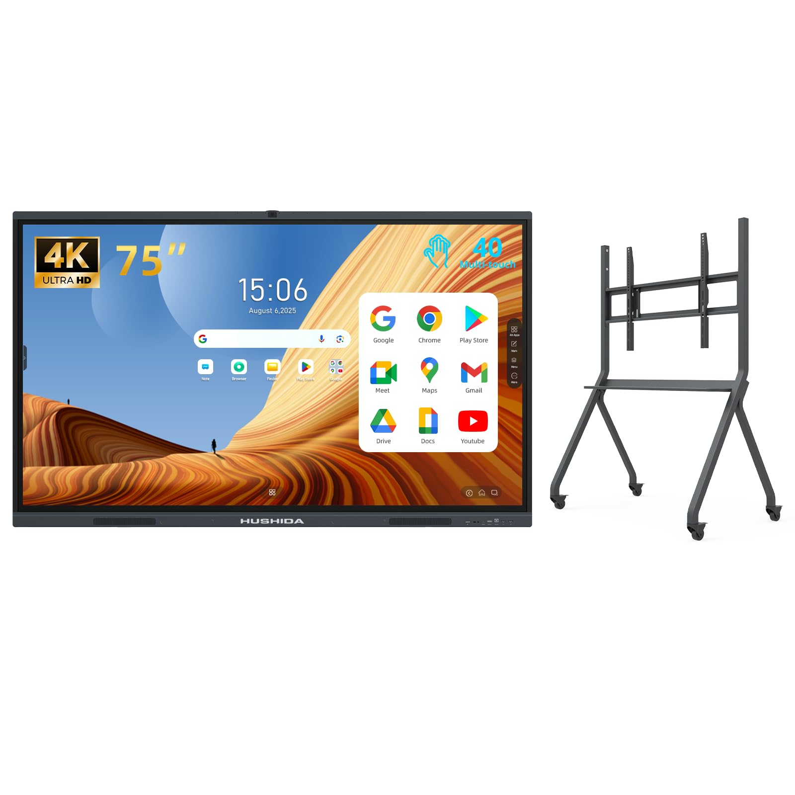 HUSHIDA 75" Smart Board Google EDLA-Certified 4K Interactive Whiteboard SmartBoard for Classroom & Office, Android 14 Touchscreen with 48MP AI Camera 8G RAM+128G ROM, 40-Points (with Protable Stand)