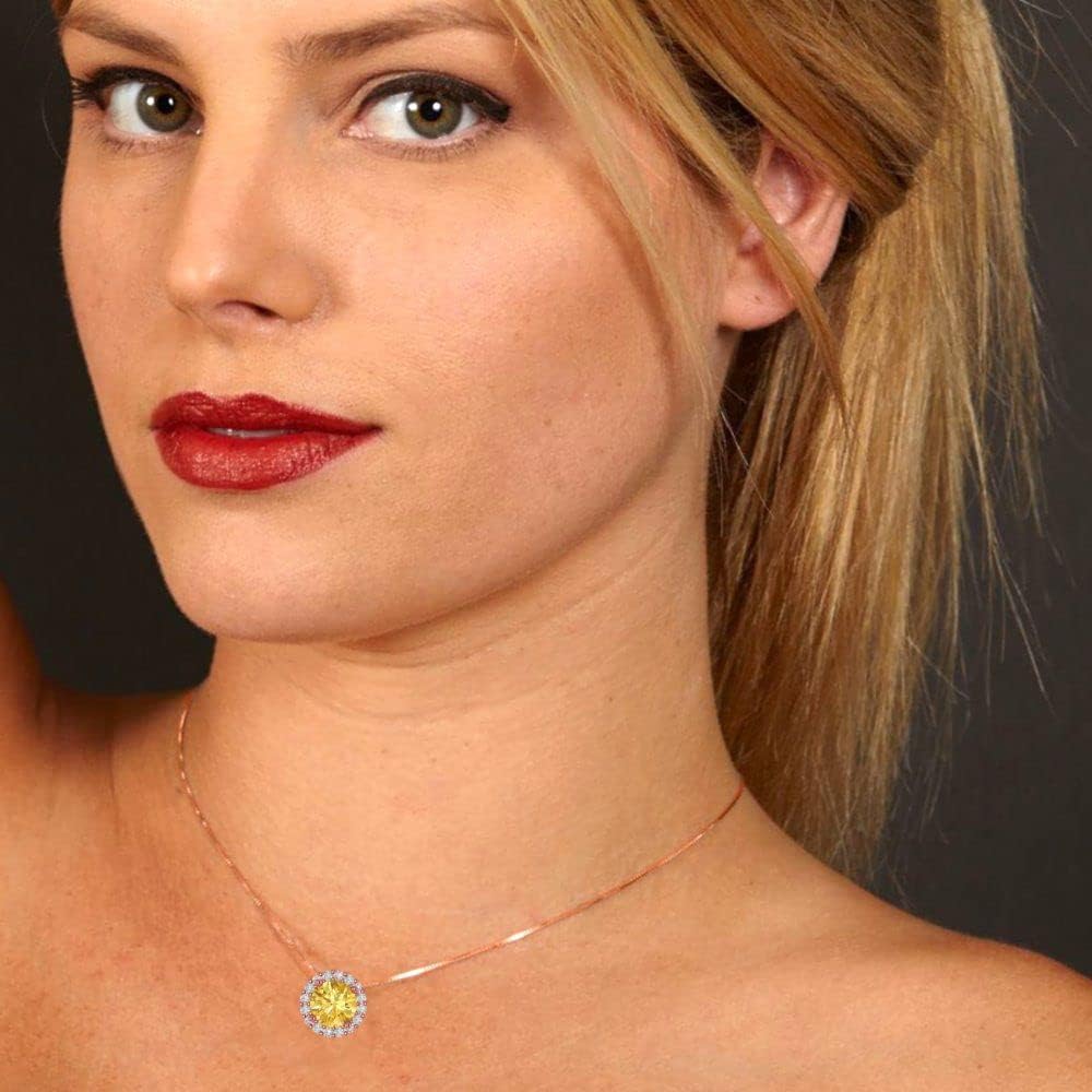 Clara Pucci 1.16 cttw Citrine Rose Gold-Plated Silver Necklace and Pendant for Women (16" Box Chain,Round Cut,6.5mm)
