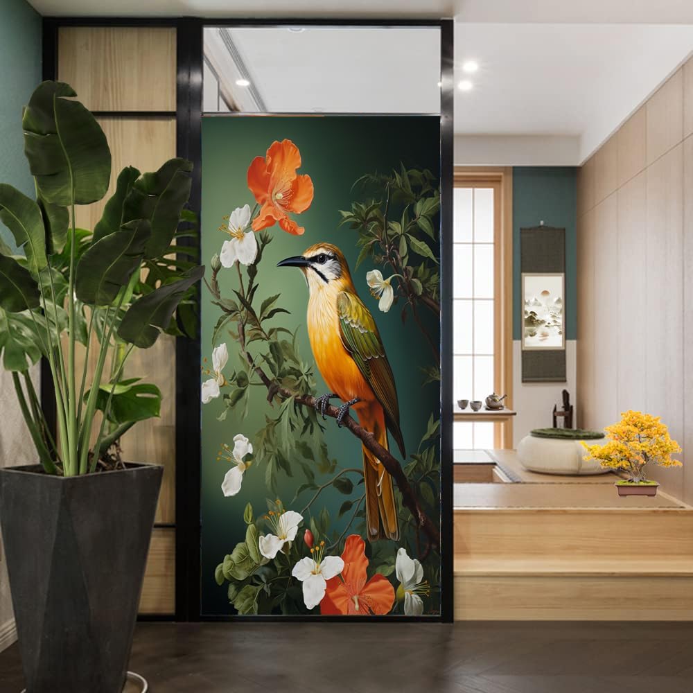 Flower Branch Bird Stained Glass Window Film Rustic Retro Animal Window Privacy Film Self-Adhesive Glass Film Decorative Sticker Frosted Film for Home Office 35.4Wx55.1L inch