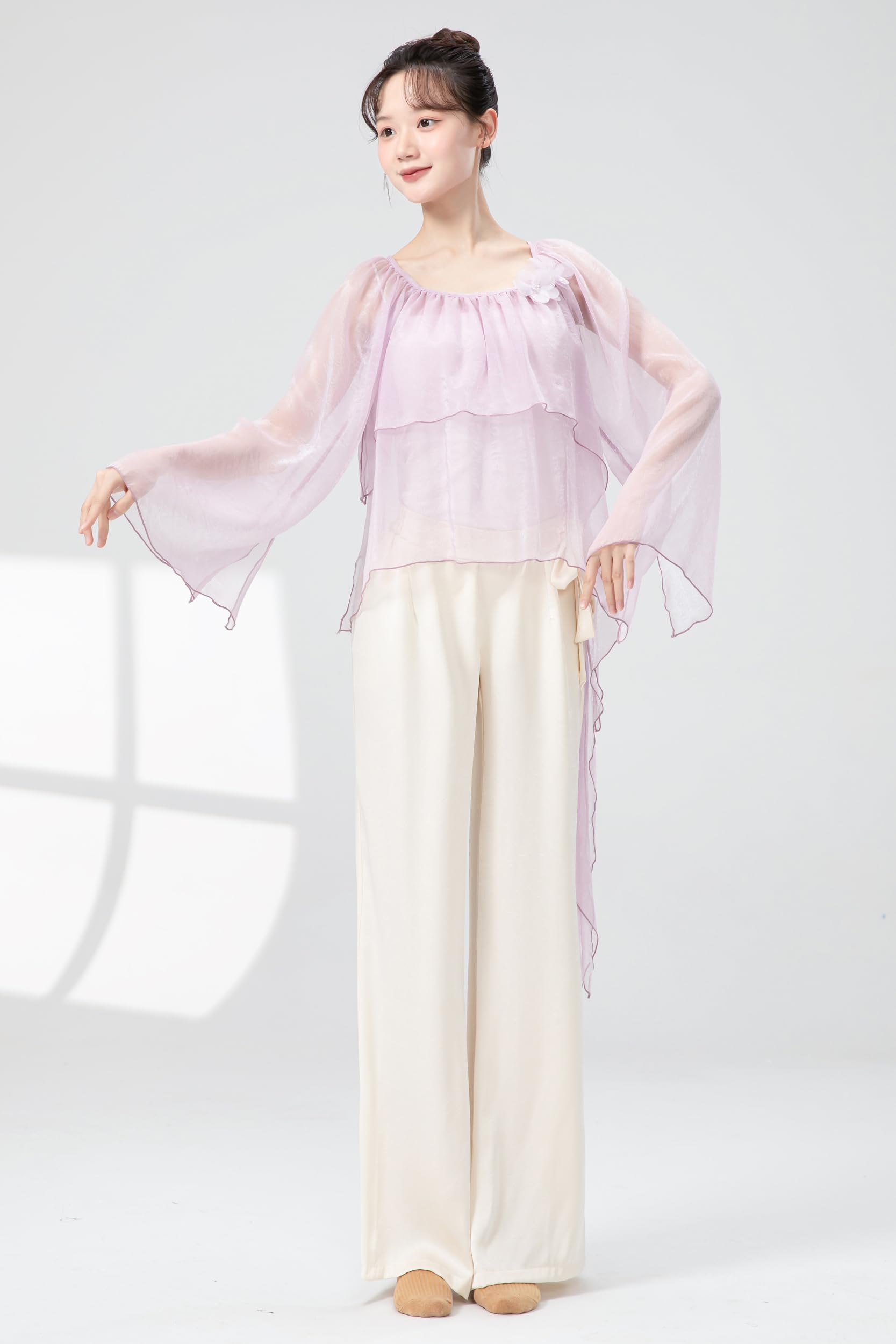 Angcoco Women's Ruched Round Neck Loose Fit Sheer Mesh Blouse Purple