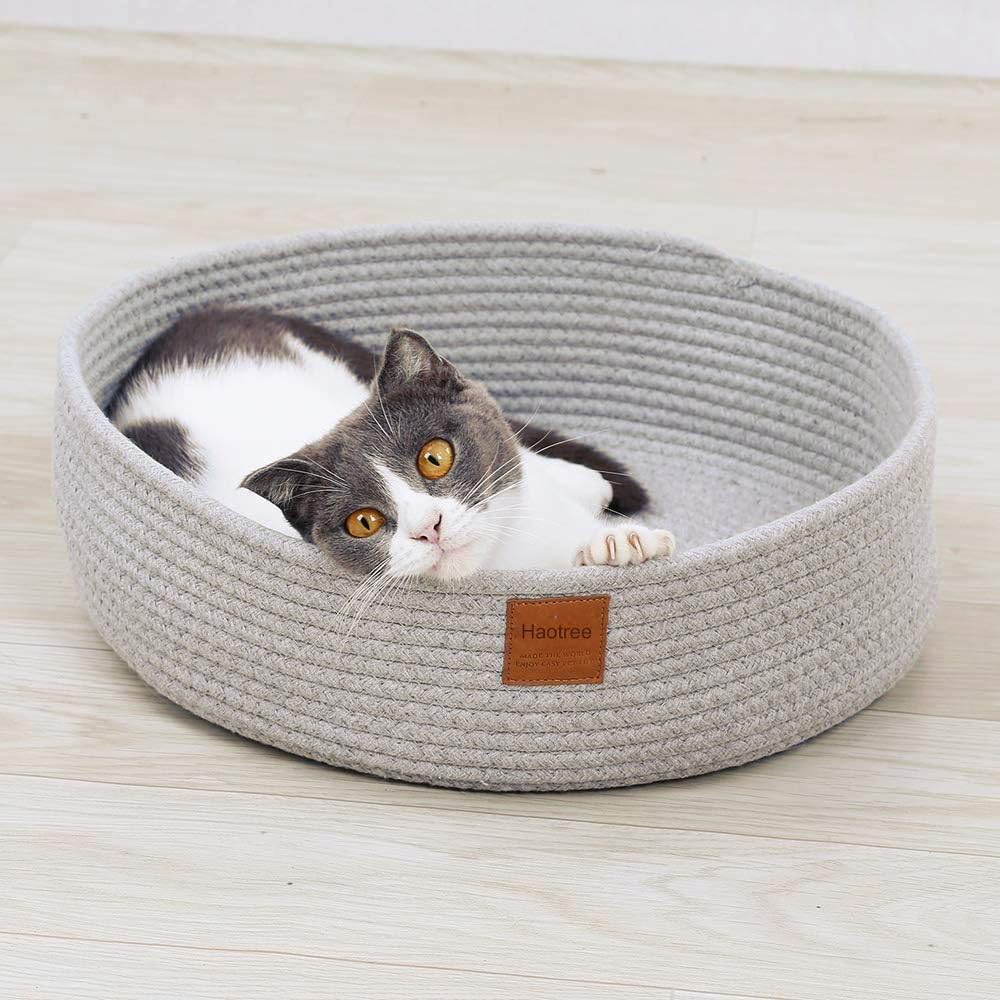Large Cat Bed Basket Round Cotton Rope Woven - Calming Rope Bed Sleep Surface 17.7 inches(45 cm),Cozy Scratching Indoor Pet Bed for a Large Cat or 2 Small Cats,Fit up to 20 lbs Pets,Washable,Grey