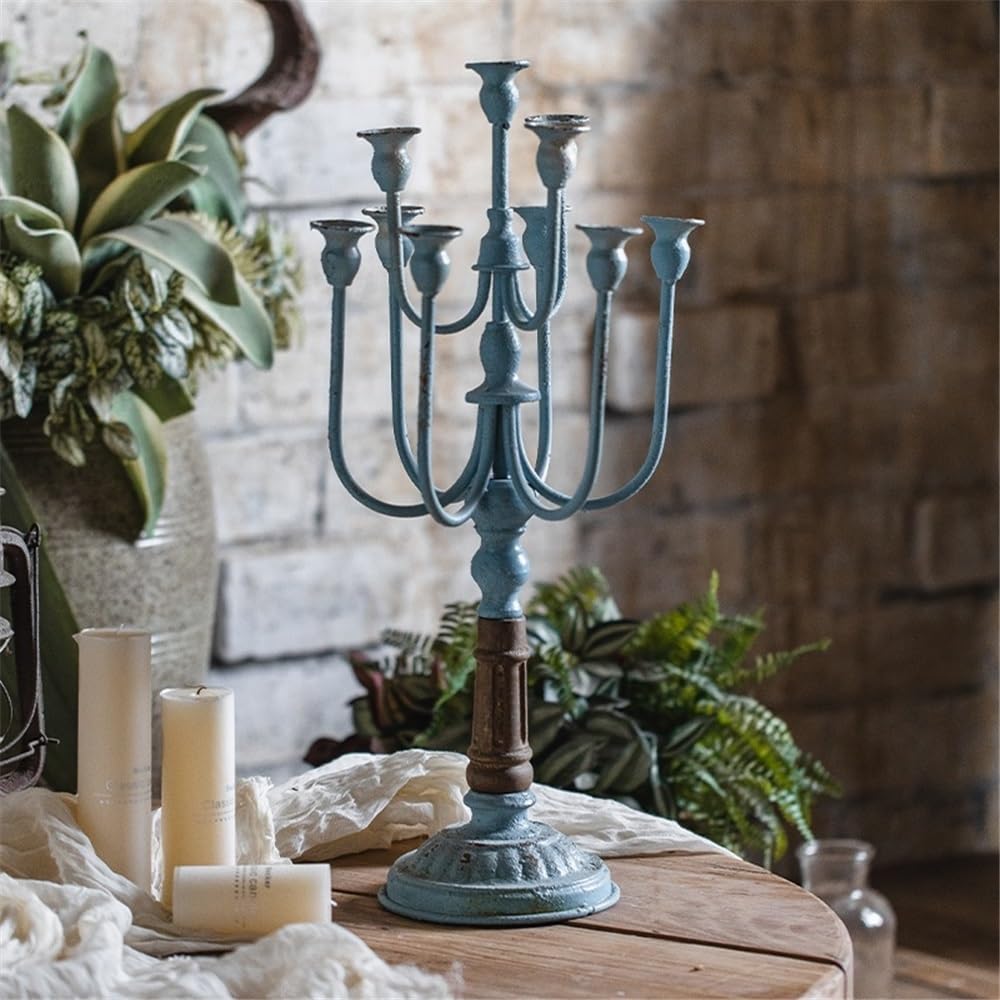 Portavelas Decorativos Adornos de candelabro Hierro Antiguo Retro for floristería, Bodas, restaurantes Occidentales, decoración navideña para Fiestas(Blue)