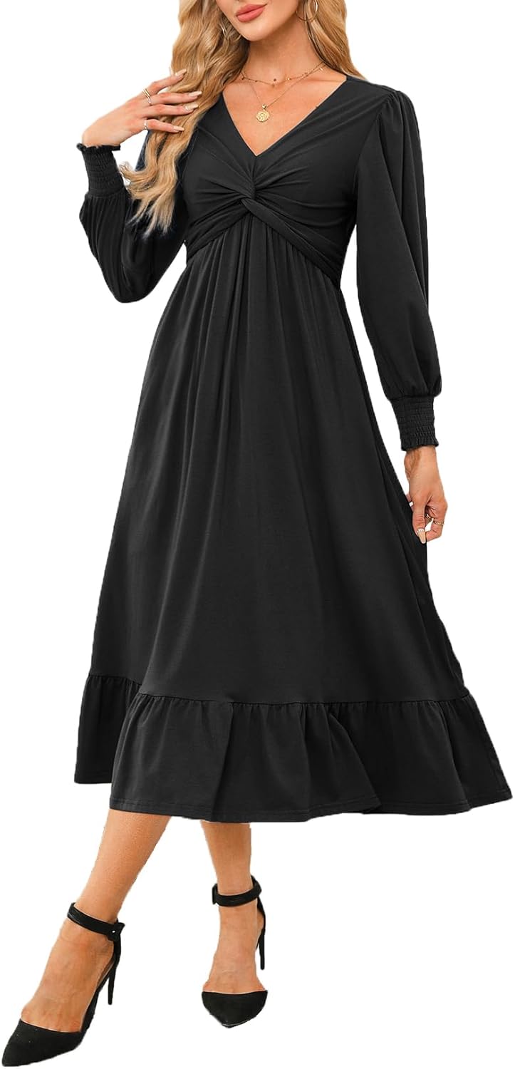Dokotoo Womens 2026 Wrap V-Neck Twist Knot Long Sleeve Empire Waist Midi Maxi Dress A-Line Ruched Flowy Dress with Pockets