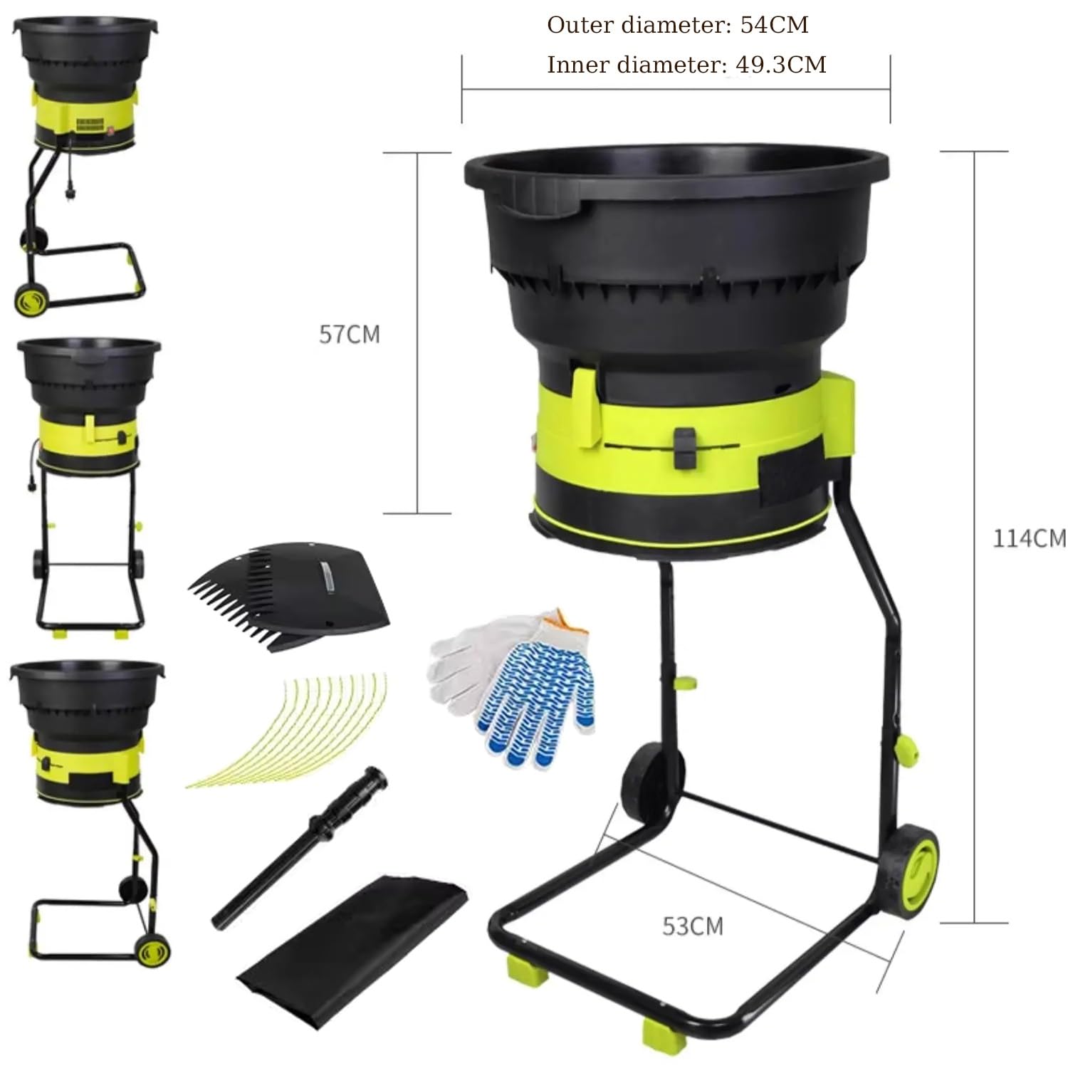 Trituradora de hojas eléctrica con cable, trituradora de jardín de 2500 W con ruedas, trituradora de hojas de 8000 rpm, diámetro de embudo de 54 cm, incluye cable de alimentación de 20 m para un fácil