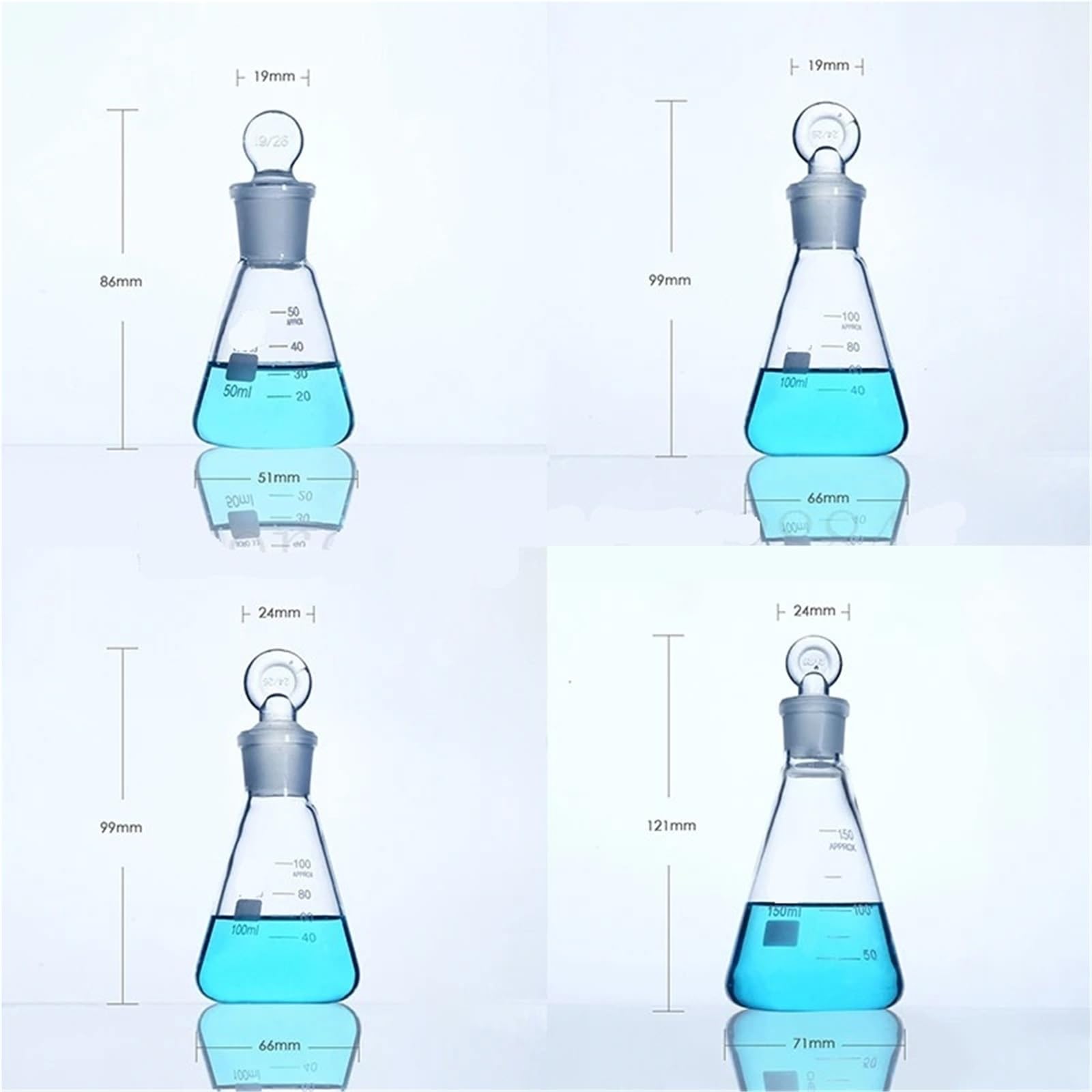 Matraz cónico Erlenmeyer de vidrio borosilicato de laboratorio de 50 ml a 1000 ml con tapón de anillo esmerilado n.° 19, n.° 24 y n.° 29(1000ml N0.29 1pc)