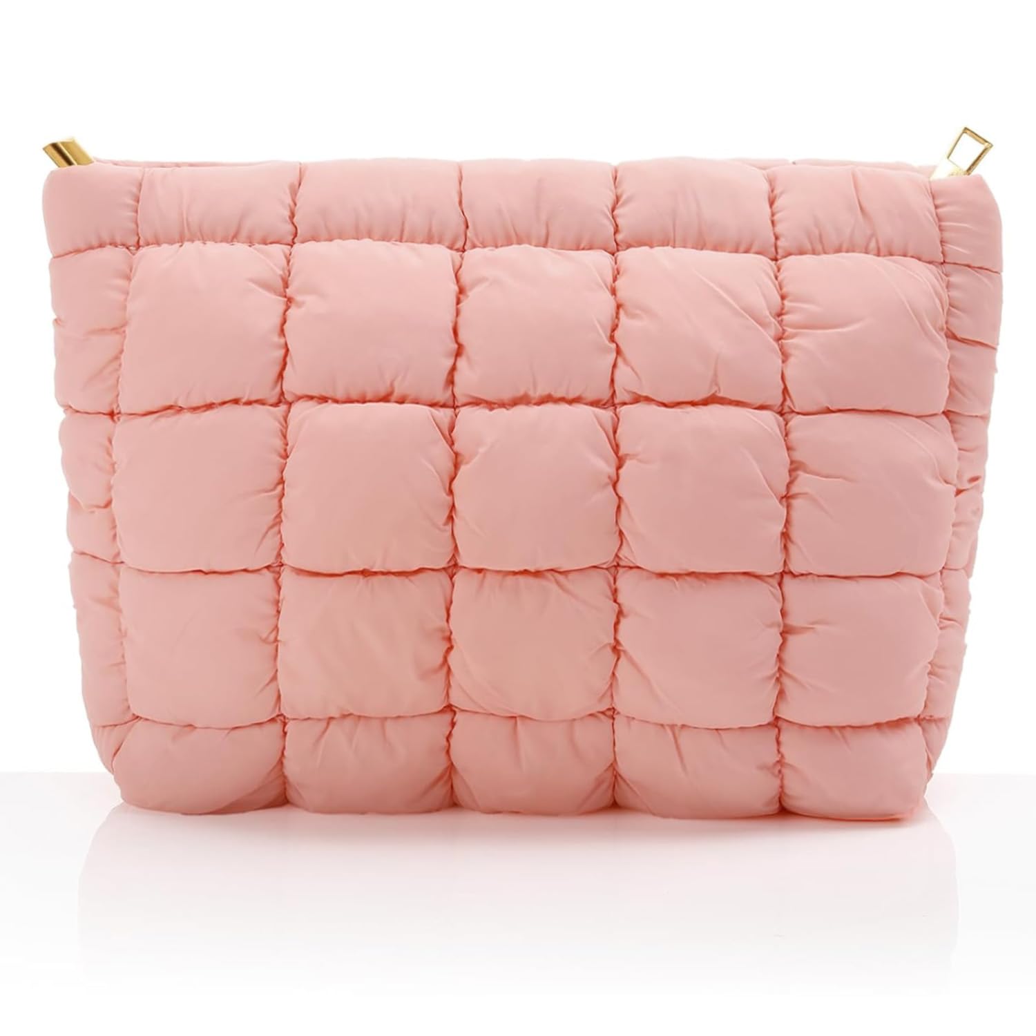 Hillban Puffy Quilted Makeup Bag Quilted Cosmetic Bag Cute Puffer Toiletry Checkered Pouch Aesthetic Travel Makeup Brushes Organizer, Light Pink, Classic, Classic-image-4