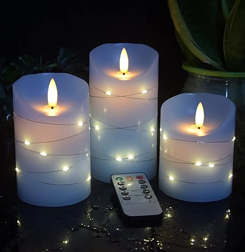 Vela LED verde sin llama con cuerda de estrella incrustada, juego de 3+4 piezas de velas LED, con control remoto de 11 botones, función de