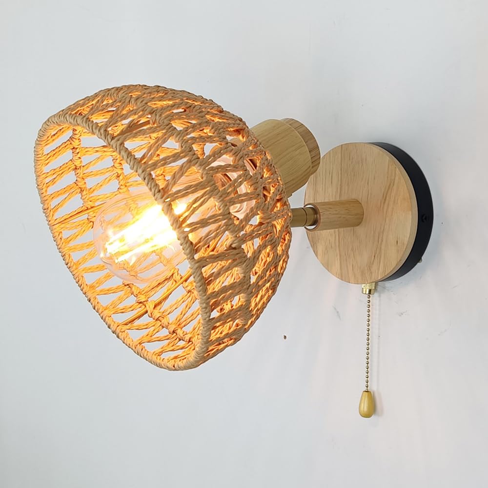 Aplique de pared trenzado de cuerda y madera con interruptor E27 1