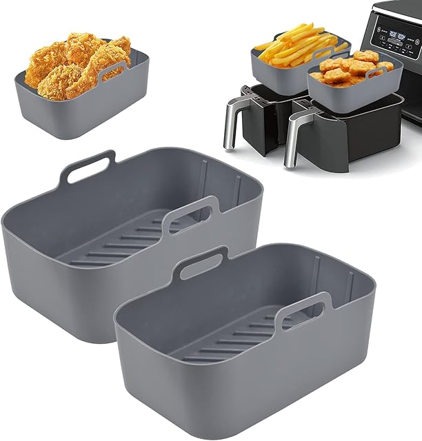 Pipihome Silicone Pot For Ninjas Dual Air Fryer, 2PCS Silicone Air Fryer Liners Double Air Fryer Silicone Air Fryer Basket, Air Fryer Rack Accessories for Air Fryer, Oven, Microwave (Gray)