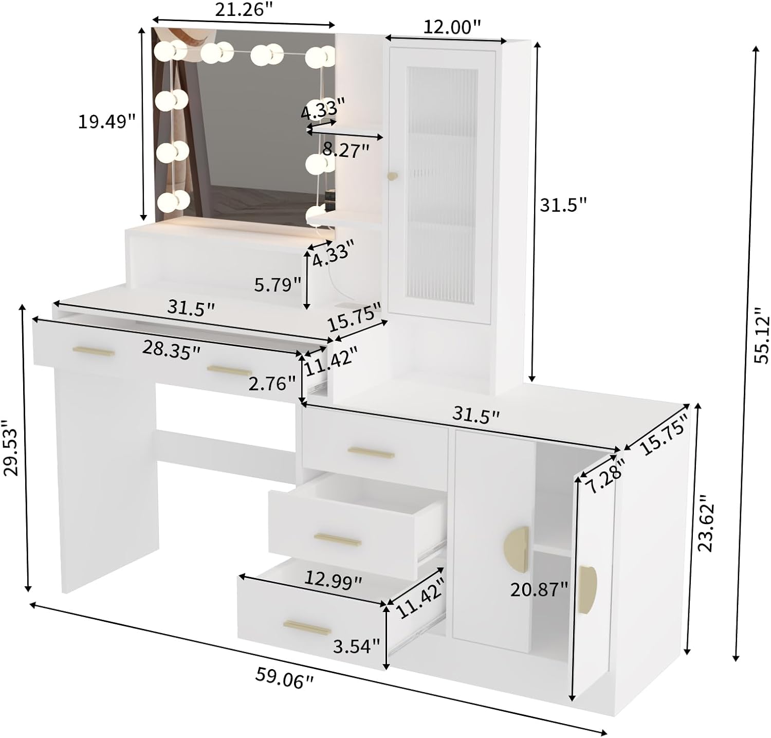 Karl home Vanity Desk with Light Mirror and Charging Station, Dressing Table with Drawers and Storage Shelves, Makeup Desk with 10 Led Lights in 3 Colors, for Bedroom, White