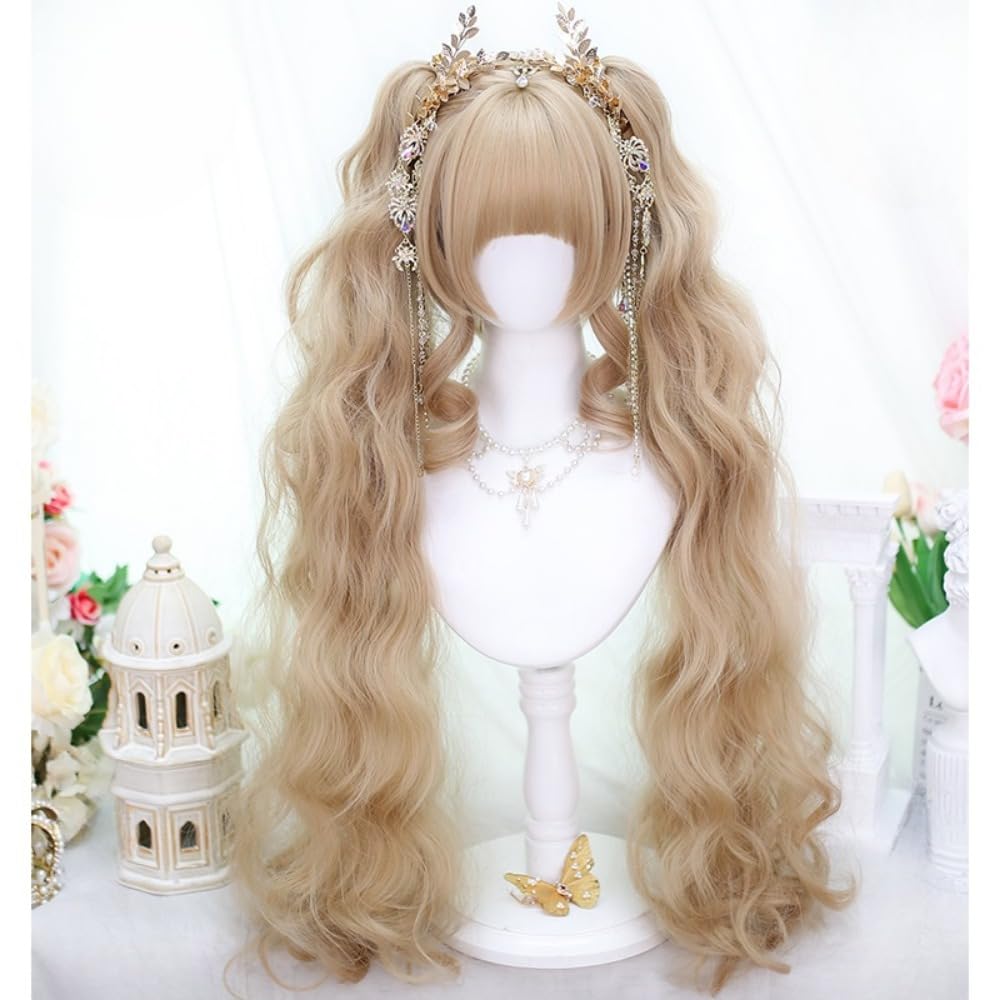 Removable Wavy Pigtails Long Wig with Hair Claw Clip, Romantic Curls Hair Daily Wigs for Women, Oil Painting Character Hairstyle, Sideburns Volume, Cosplay Wig Party Wig (blonde,straight bangs)