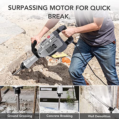 14-Amp 30-Pound Sds-Hex Jack Hammer,1-1/8" 2000W Corded Electric Heavy Duty Demo Demolition Chipping Hammer Concrete/Pavement Breaker With Carrying Case Flat Chisel Bull Point Chisel #TOP3