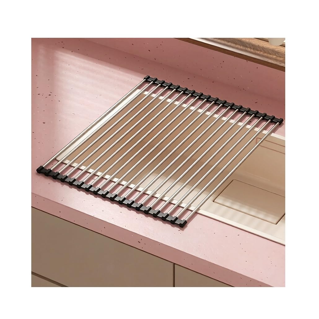Scolapiatti portatile arrotolabile per lavello, pieghevole, in acciaio inox, con silicone antiscivolo, salvaspazio, per bancone della cucina