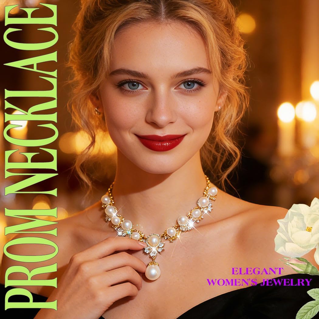 JEAIRTS Pearl Necklace Earrings Set Gold Crystal Bridal Wedding Jewelry Sets for Women - Image 5