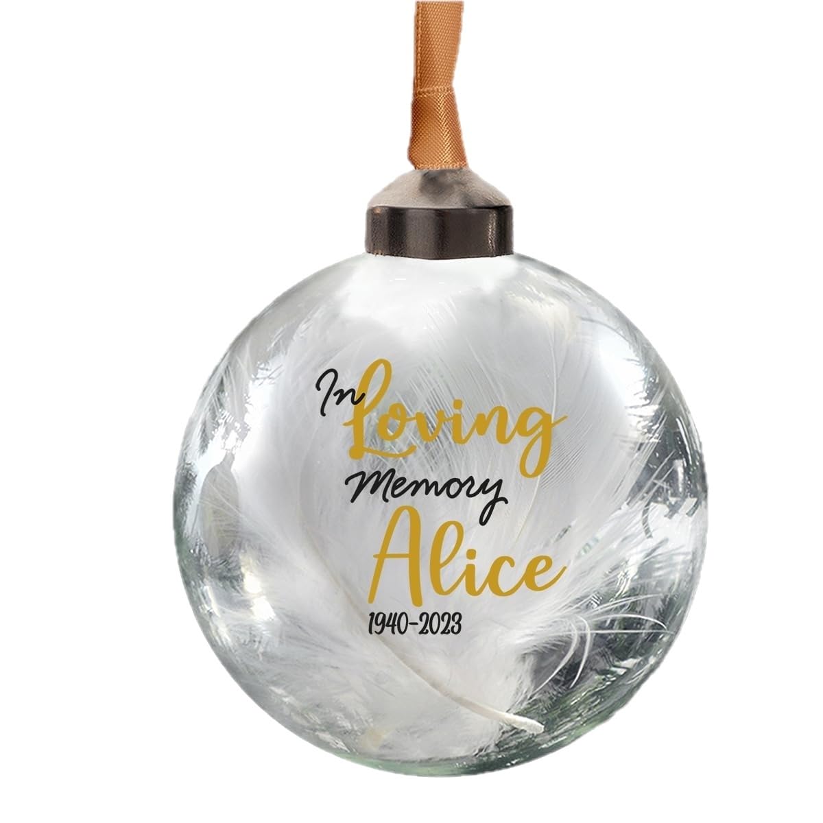 Personalised In Loving Memory Glass Bauble In 11 Colours Filled With White Feathers 8cm Round Glass Memorial Hanging Decoration (Gold)