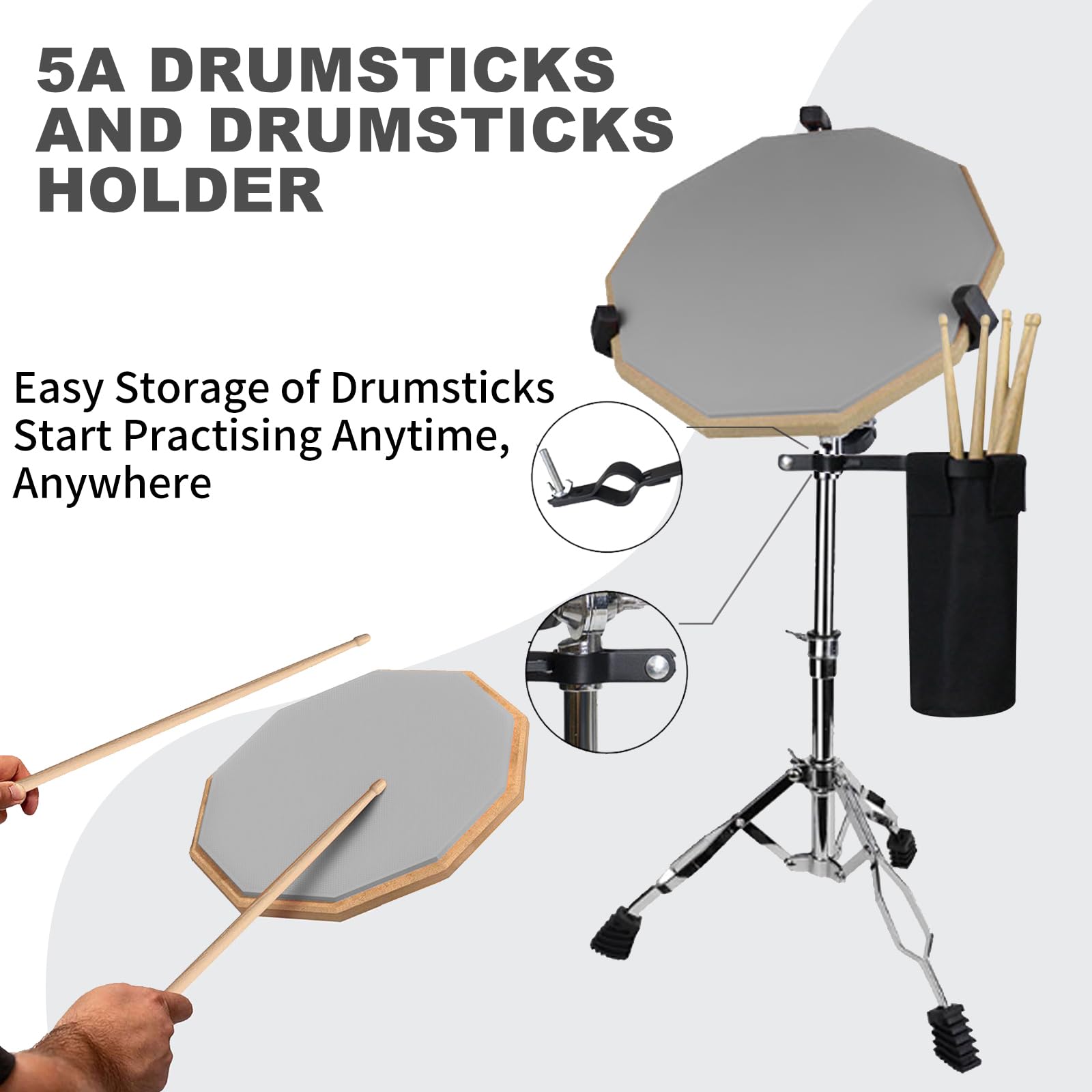 Trommel-Übungspad mit Ständer, 12 Zoll leises Snare-Trommel-Übungspad-Set, inkl. 3 Paar Trommelstöcken, Trommelstock-Halter und Aufbewahrungstasche, höhenverstellbar, gray für Anfänger