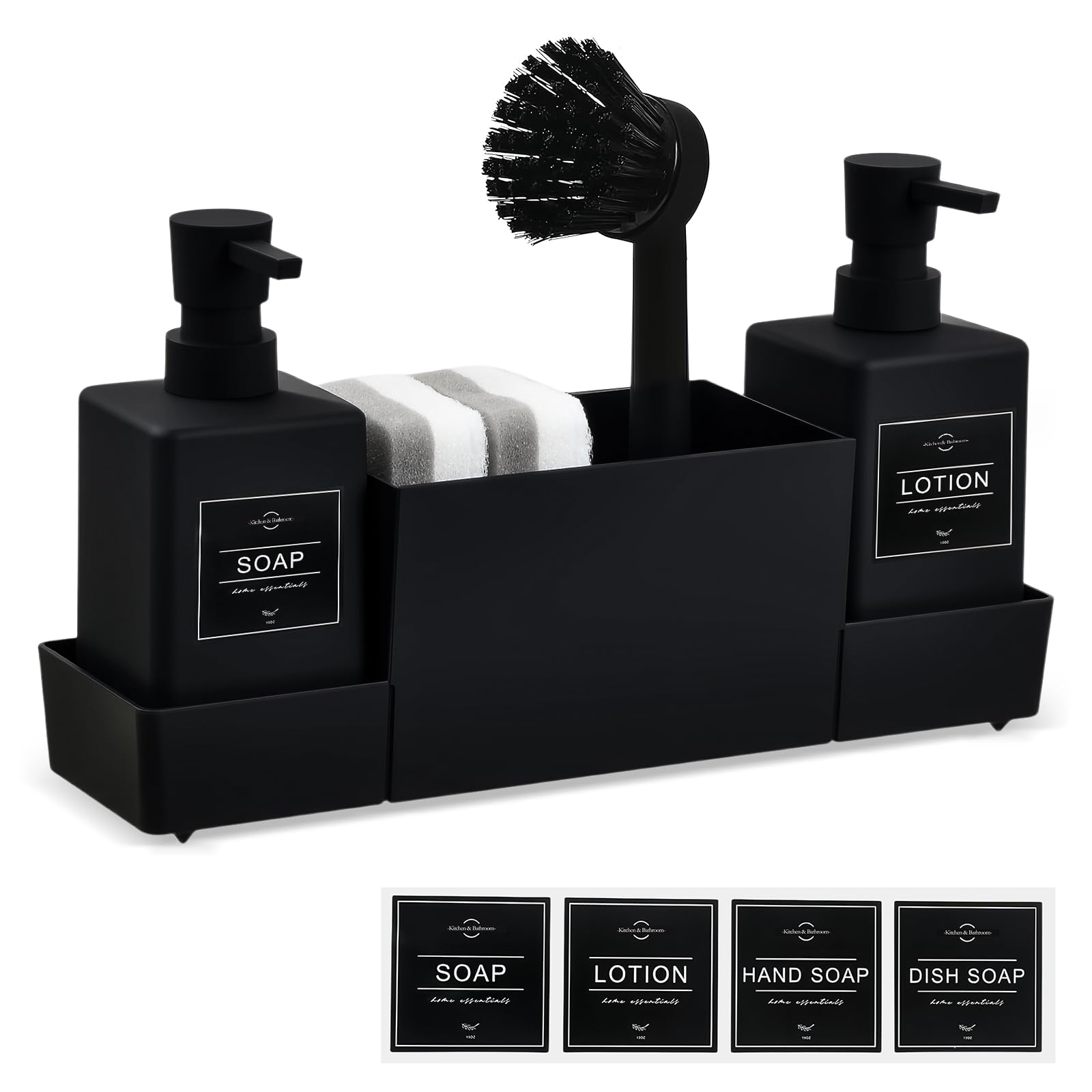 Organizador de Fregadero 4 en 1 - Dispensador de Jabón 350ml con Porta Esponjas y Cepillo - Dosificador de Detergente Multifuncional para Cocina o Baño - Diseño Elegante y Compacto, Negro