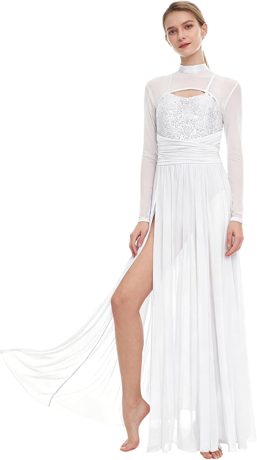 Lyrical Dance Dress for Women Modern Contemporary Dancewear Sequins Leotard Mesh Tulle Maxi Skirt