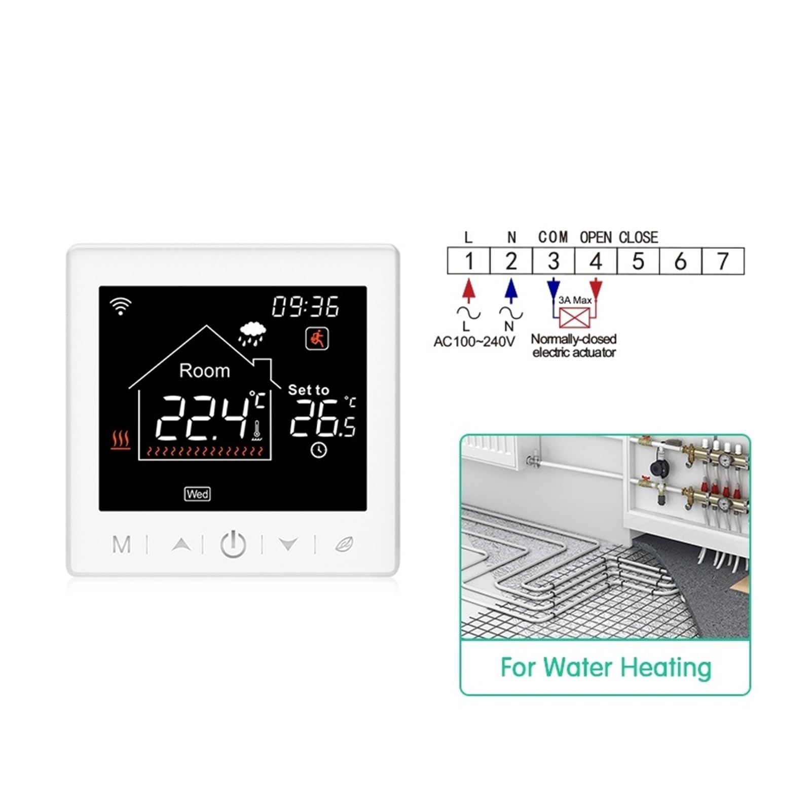 Termostat WiFi Wyświetlacz LCD Ekran dotykowy Kocioł gazowy Elektryczny regulator temperatury ogrzewania podłogowego Inteligentne życie Informacja O ZgodnośCi(Water Heating 3A,No WiFi)