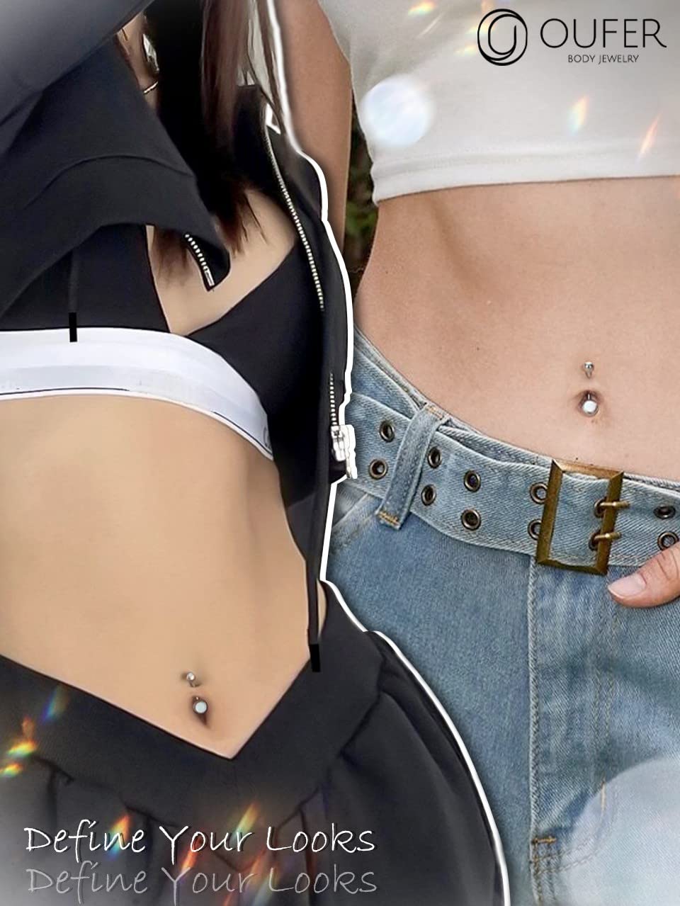 OUFER 14G Piercing per Ombelico Anello Titanio Palline Balls Pantaloncini Extra Lungo Short Long Bananabells Navel Pircing Anelli Doppio Bianco Opal 1,6 mm, Barbell Belly Button Jewellery 8 10 12 16mm