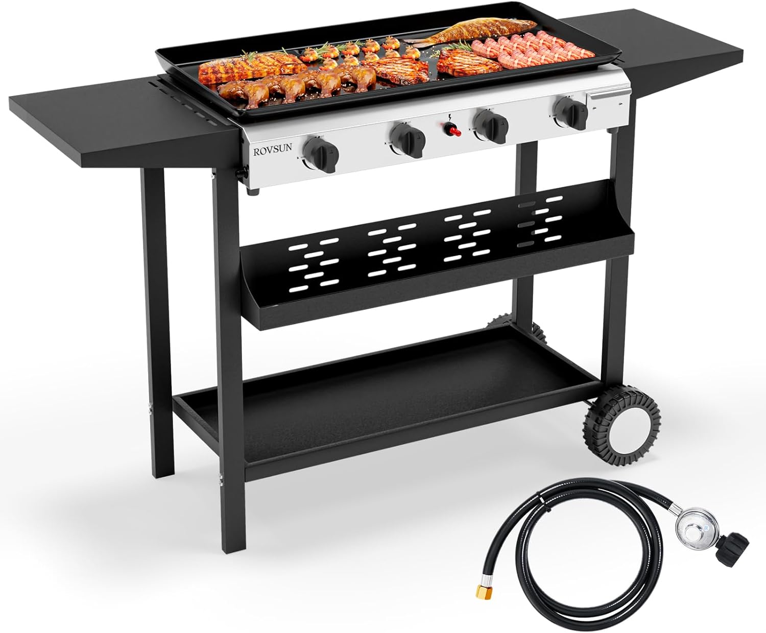 ROVSUN 4 Burner Portable Propane Griddle with Electronic Ignition, 40,000 BTU Tabletop Flat Top Gas Grill with Nonstick Enameled Tray & Regulator for Outdoor Cooking Camping BBQ Picnicking Tailgating
