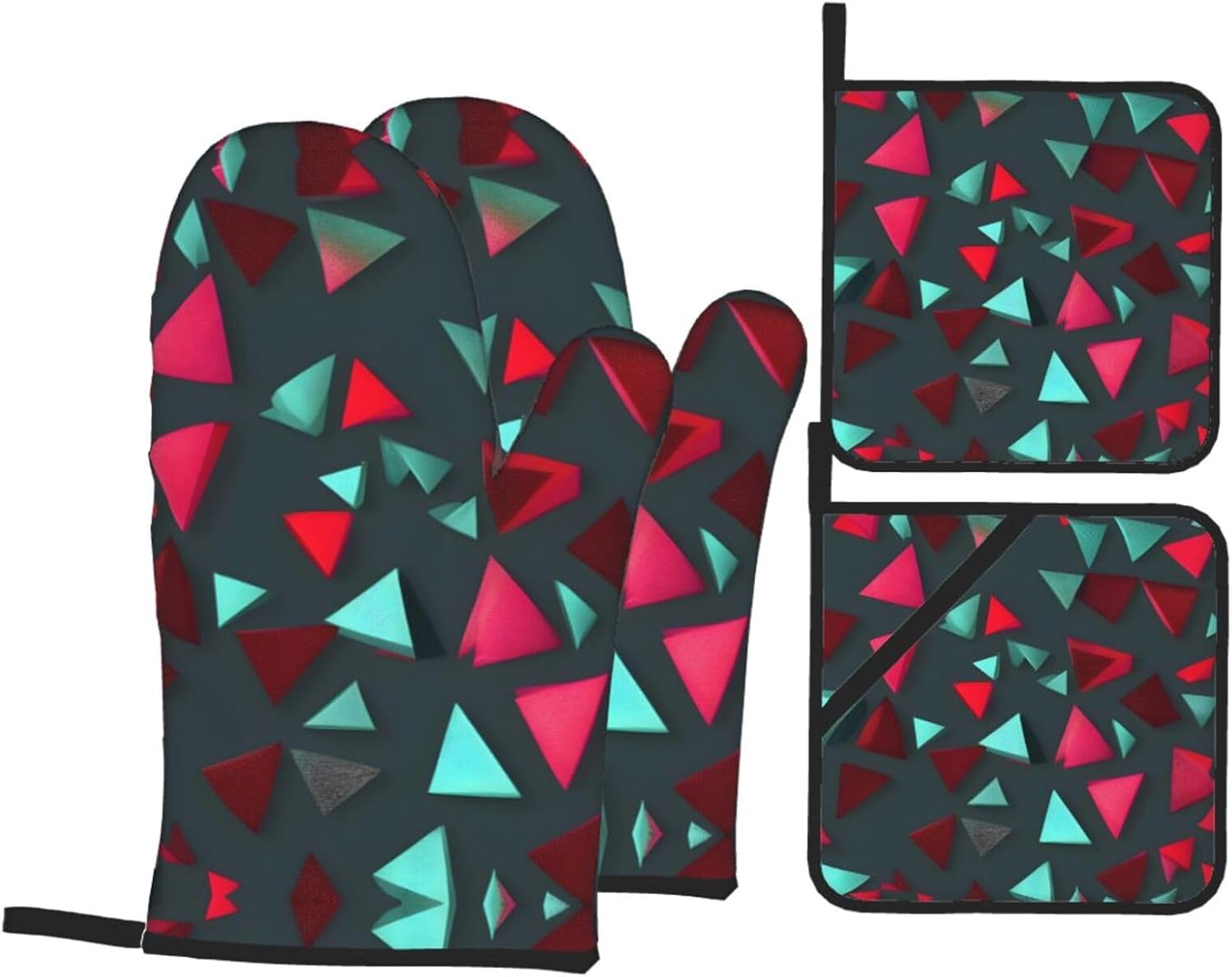 Triangular pattern Oven gloves and heat-resistant mat 4-piece set. Suitable for grilling, microwave oven frying, and baking