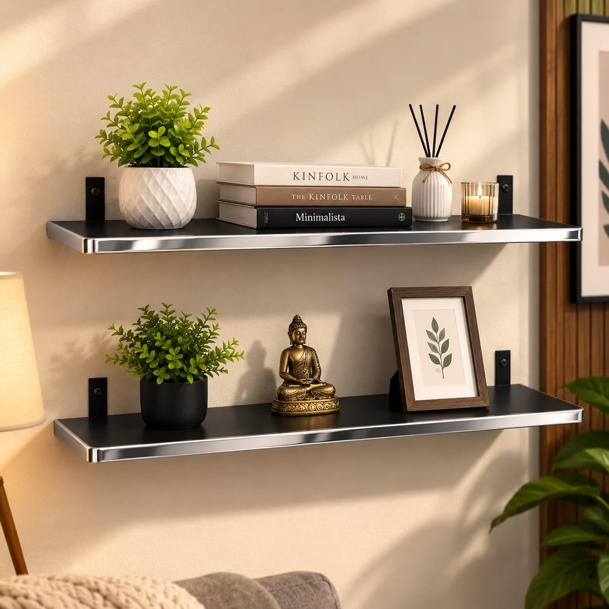 Engineered Wood Floating Wall Shelves Pack of 2, Black 24x6 Inch Wooden Display Rack for Living Room, Bedroom, Kitchen, Office, Wall Mounted Bookshelf & Decorative Shelf-image-37