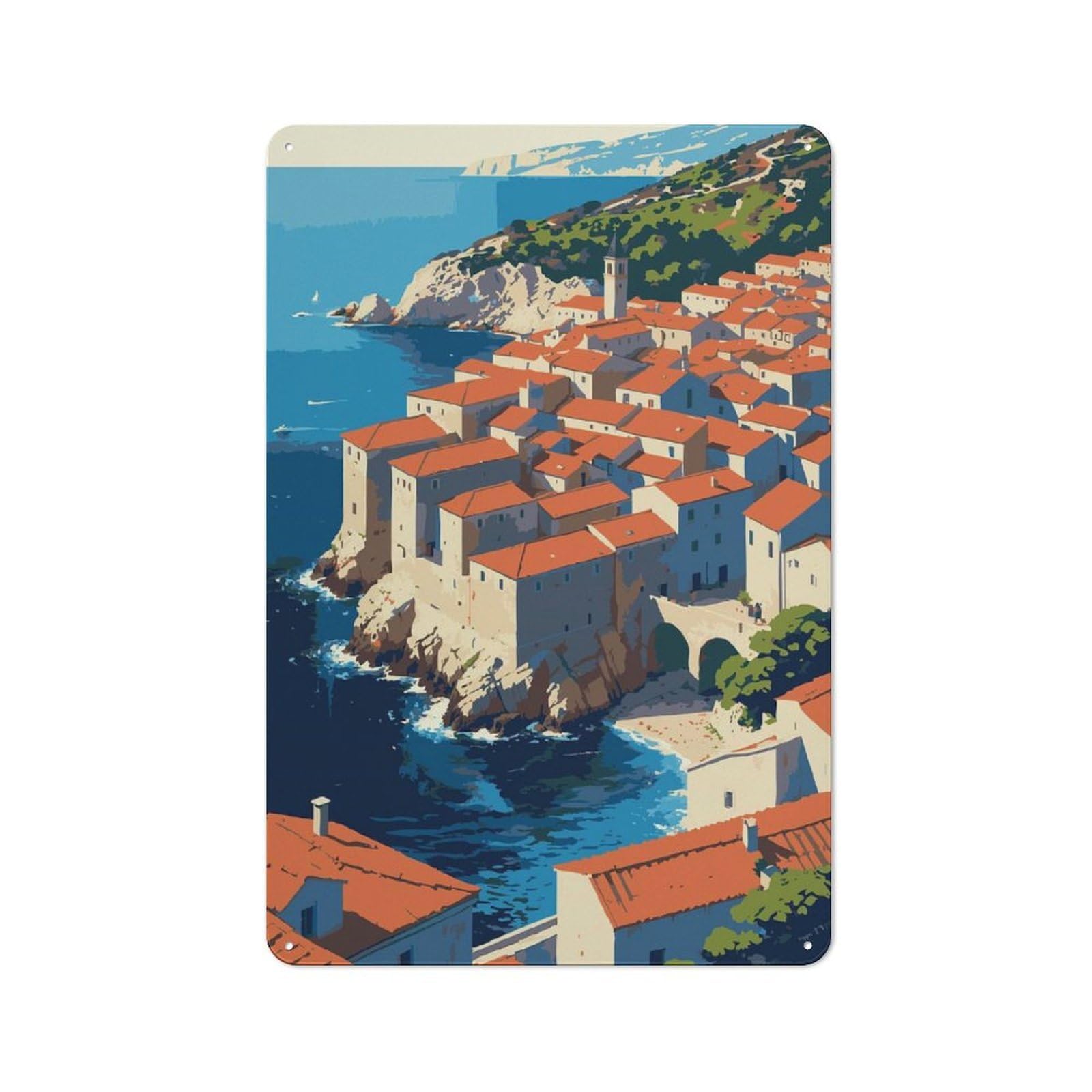Junmoney Style-18 Tin Wall Plaque 30X20cm With Coastal Town With Red Roofs For Garage Wall, For People Furnishing A Garage, For Retro Home Interiors