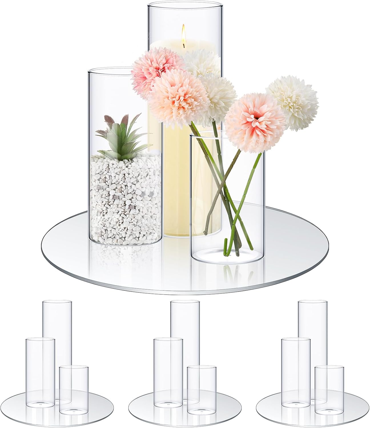 Sawysine 16 Pcs 2.6'' X 4.7'', 5.9'', 7.9'' Round Glass Mirror Trays Glass Cylinder Vase Wedding Table Flower Vase with Mirror Set Table Centerpiece Decoration for Wedding Decor Craft Baby Shower