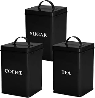 Andrew James Tea Coffee Sugar Canisters | Vintage Style Kitchen Storage Set | Rust Resistant Powder Coated Iron Caddies | Store Coffee Beans Granules Teabags Sugar | Part of The Vintage Range (Black)