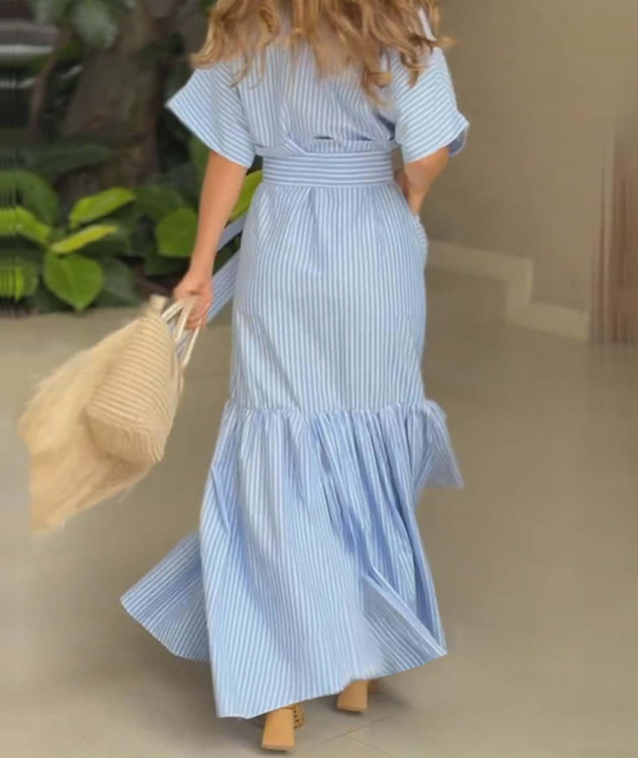 Sexyshine Women's Striped Maxi Dress Lapel V Neck Button Down Tie Waist Short Sleeve Ruffled Swing Shirt Dress with Pockets - Image 4