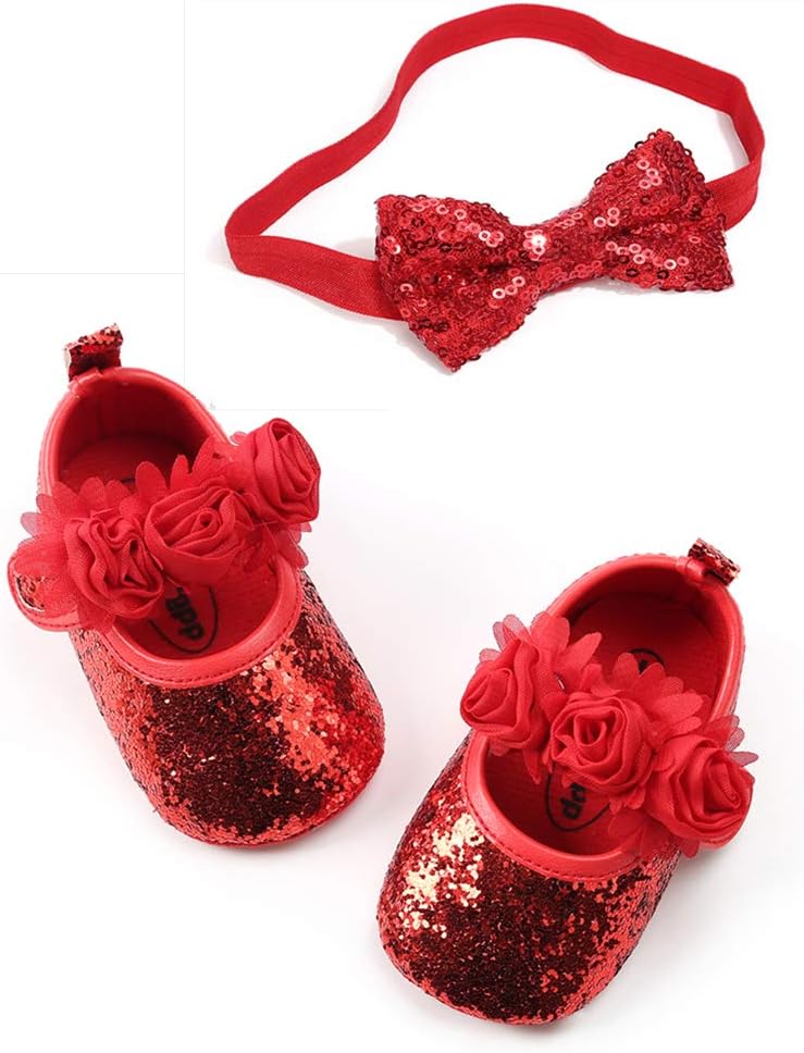 Baby Girl Mary Jane Flats Sparkly Soft Infant Princess Dress Crib Shoes with Headband