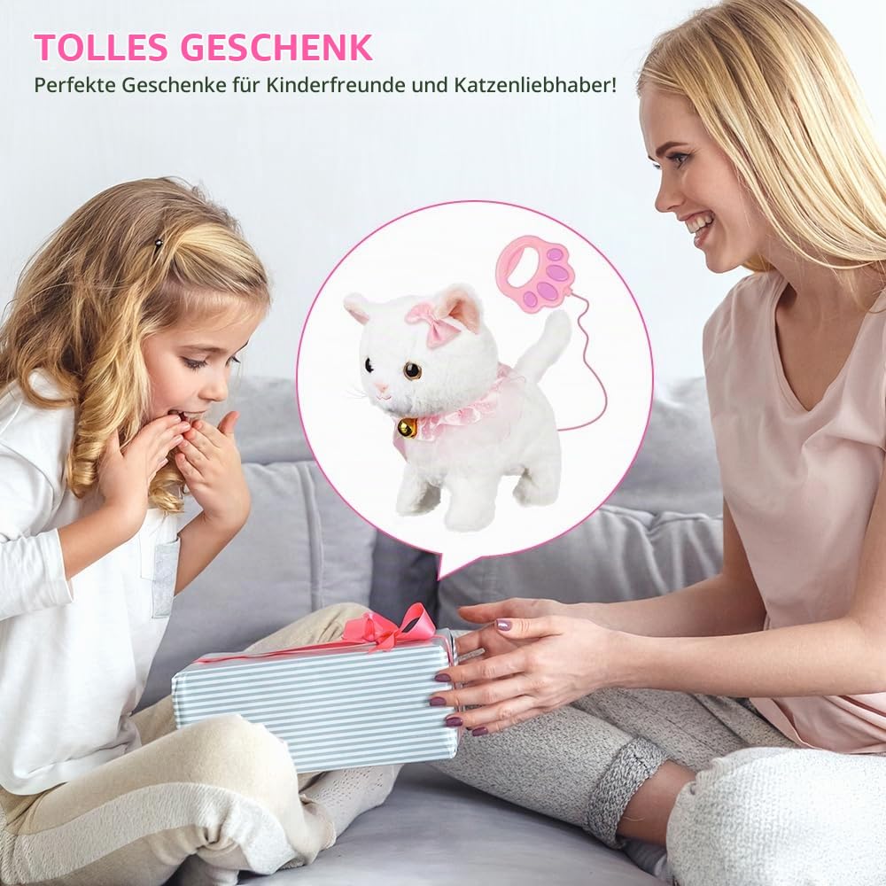 Interaktives Plüschtier, Elektronische Haustiere, Katze Elektrisch Spielzeug für Kinder, Katze Kuscheltier, für Kinder Mit Gehen, Bellen, Schwanzwedeln, für Kinder Mädchen Junge Geschenk