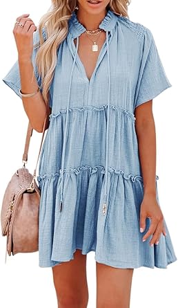 Dellytop Womens Drawstring V Neck Dress Ruffle Tiered Short Sleeve Babydoll Tunic Swing Sundresses Sky Blue