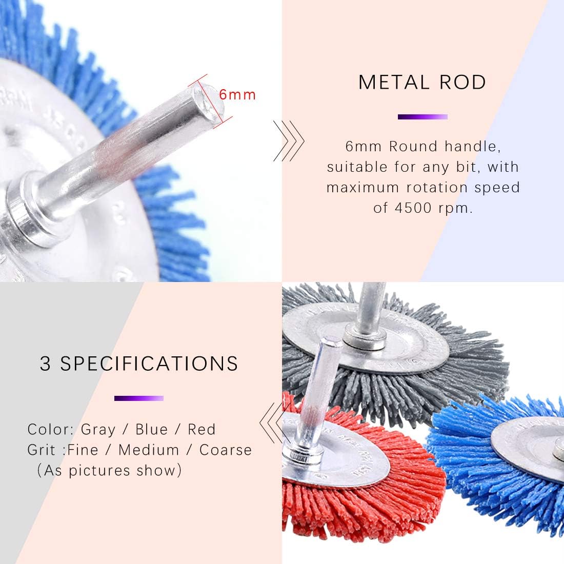 Swpeet 3Pcs 3Inch 80# 120# 240# Abrasive Nylon Wheel Brush Set with 1/4 Inch Shank, 3 Grit Nylon Drill Brush Set Perfect for Removal of Rust/Corrosion/Paint - Reduced Wire Breakage and Longer Life