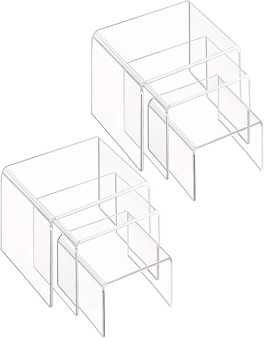Clear Acrylic Display Risers, 2 Sets of 3 Size Showcase Shelf for Figures, Buffets, Cupcakes and Jewelry Display Stands, with Sticky Protective Film