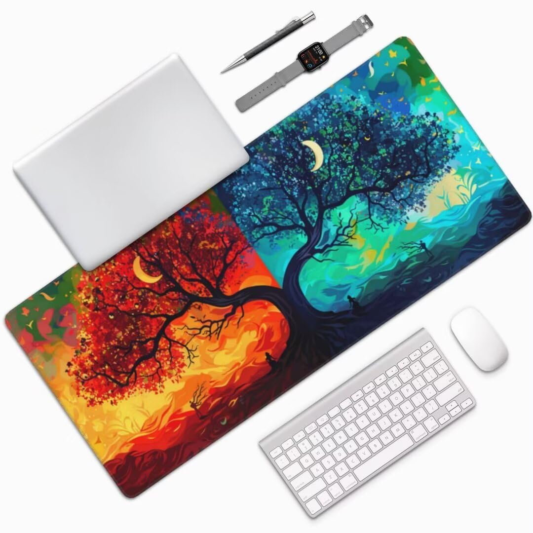 Podkładka pod mysz Drzewo Życia, 90 x 40 cm, wodoodporna podkładka pod mysz Yin Yang, bardzo duża podkładka pod mysz, podkładka na biurko, antypoślizgowa gumowa podstawa, gamingowa podkładka pod mysz