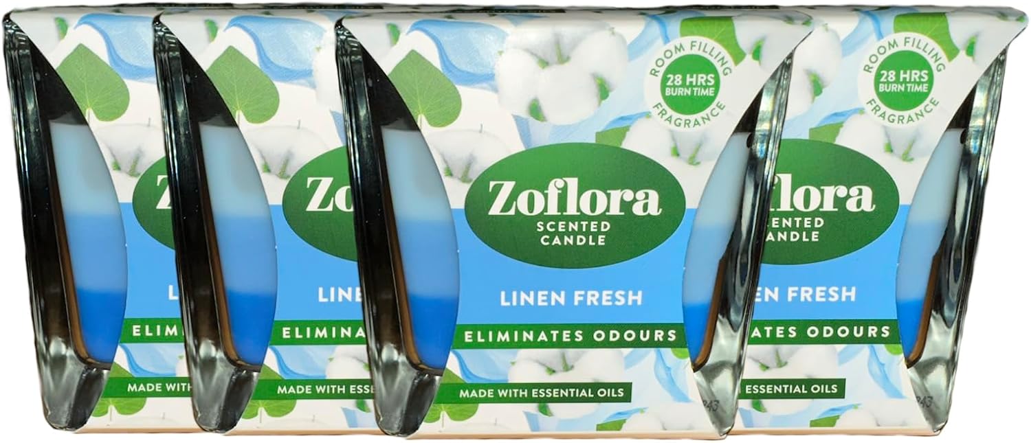 Zoflora Linen Fresh Scented Candle, Made with Essential Oils (4 Pack