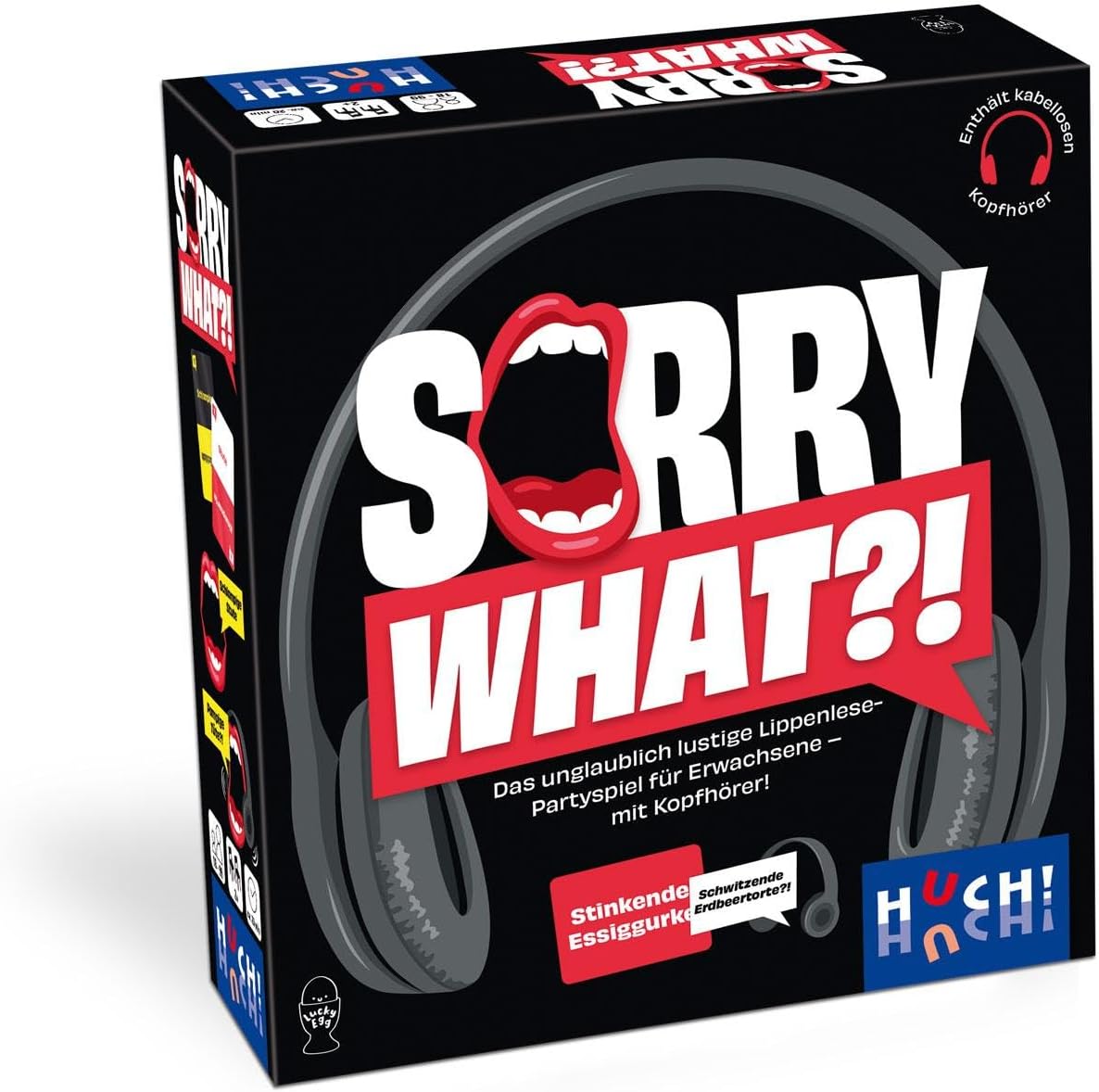 HUCH! Sorry What?! Game German Party Game from 18 Crazy Lip Reading with Headphones and Funny Phrases from 2 Players from 18 Years