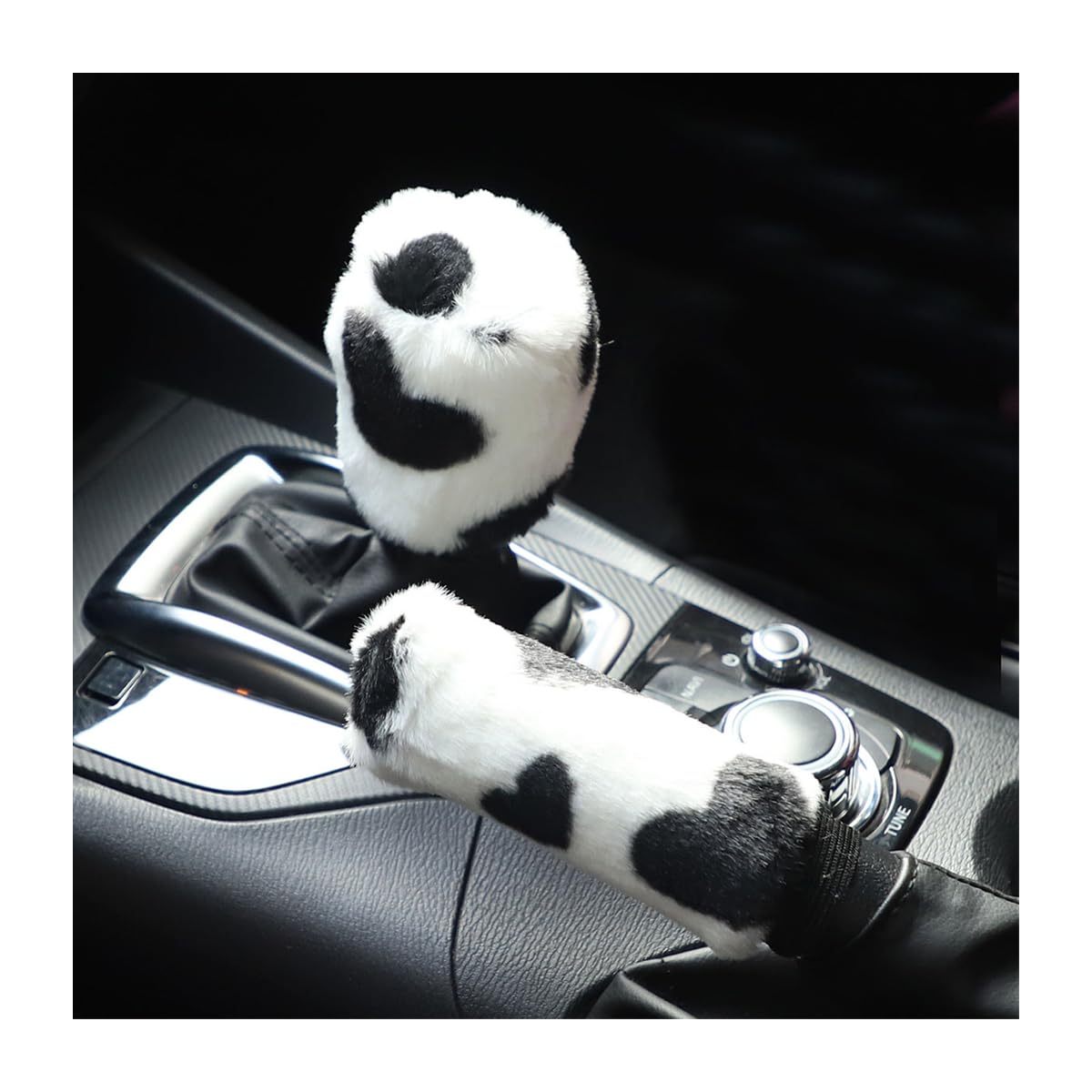 Photo 1 of **ITEM IS RED AND WHITE***TNAIYH Cow Print Fluffy Car Handbrake Shift Knob Cover, Heart Pattern Cute Warm Vehicle Console Gear Shifter Handbrake Protector, Auto Interior Decoration Accessories, Universal Fit (Red)