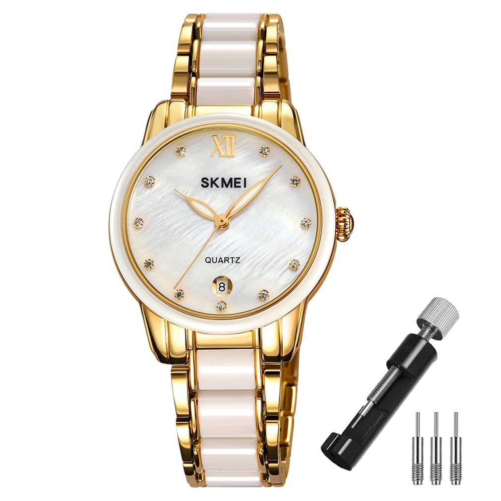 SKMEI Montres pour femmes mode robe luxe dames femme simple d'affaires étanche céramique inoxydable analogique quartz élégant or blanc montre-bracelet