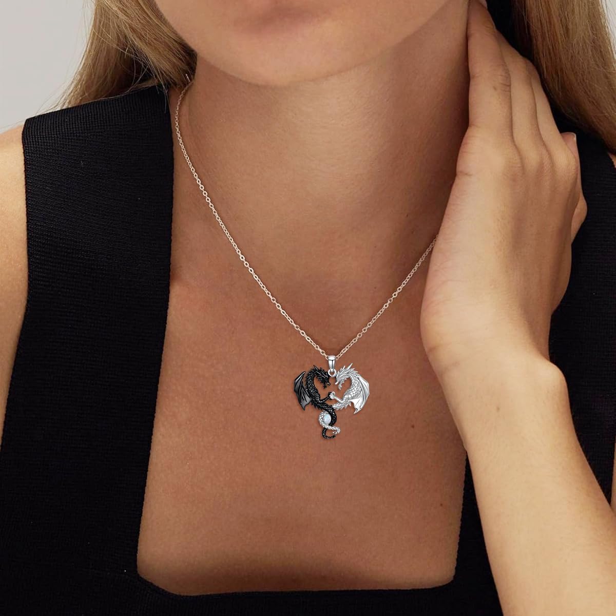 Dragon Necklace with Opal 925 Sterling Silver Two Dragon Pendant Necklace with Genuine Diamond Animal Jewelry Gift for Women Men - Image 2