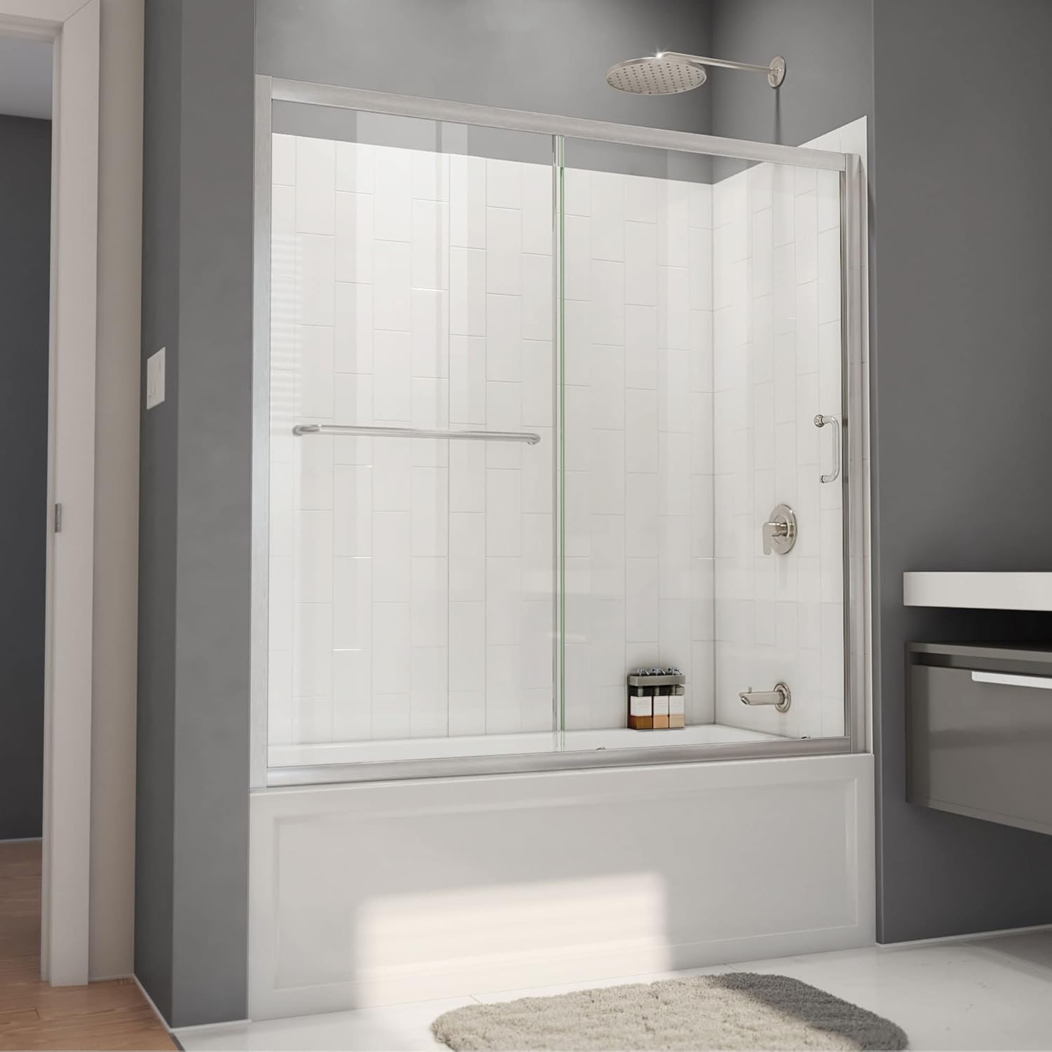 DreamLine Infinity-Z 56-60 inch W x 60 inch H Semi-Frameless Sliding Tub Door in Brushed Nickel with White Wall Kit