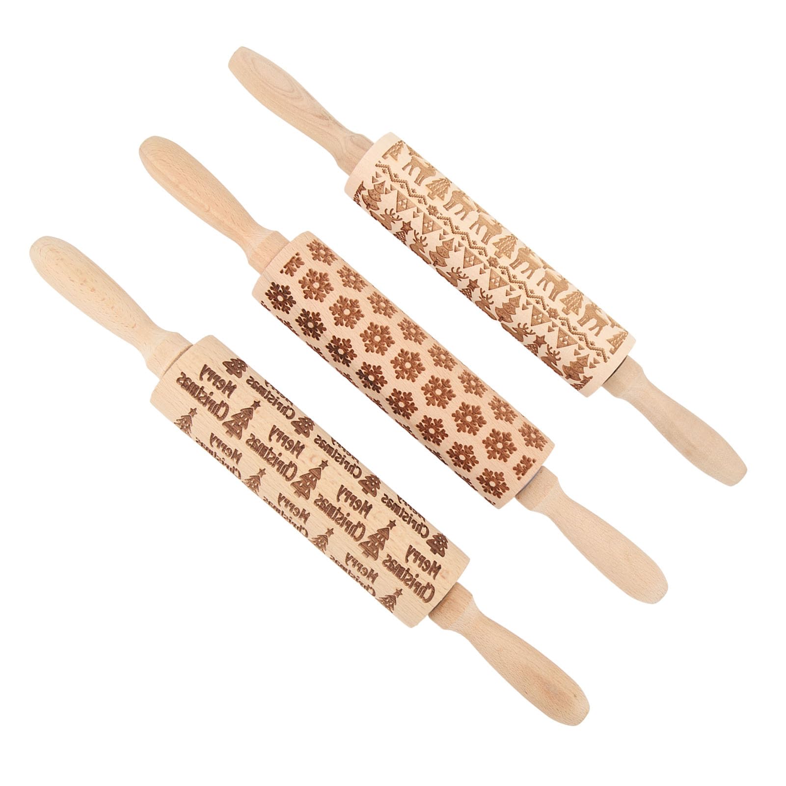 Lot de 3 rouleaux à pâtisserie en bois gaufré - Bâtons à pâtisserie gravés pour la pâtisserie - Motif de Noël - Bois composite durable avec roulement à roulement