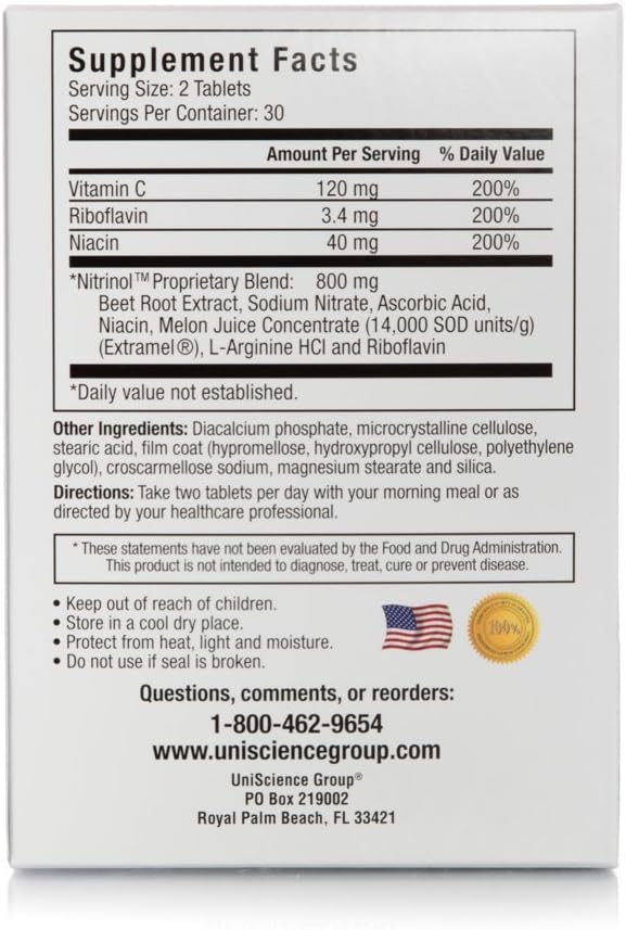 UniScience Group Nitrinol, Natural Nitric Oxide Booster with Beetroot Extract, 60 Tablets per Box, 2 Box Deal