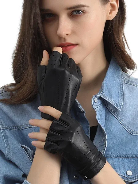 GSG Women Fingerless Leather Gloves - Driving Motorcycle Biker Gloves - Unlined Half Finger